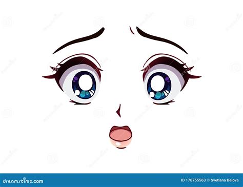 Scared Anime Face Manga Style Big Blue Eyes Vector Illustration