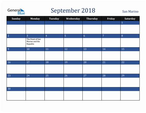 September 2018 San Marino Holiday Calendar