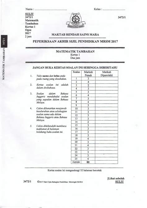 Documents similar to spmsoalansoalan spm 2014 matematik kertas 1. Soalan Percubaan SPM 2017 Matematik Tambahan MRSM Berserta ...