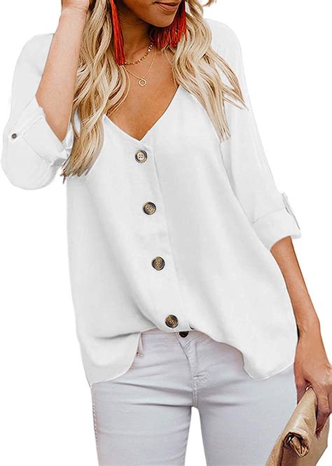 Misslook Womens Button Down V Neck Tops Loose Casual Long Sleeve Shirts Blouses Amazonca