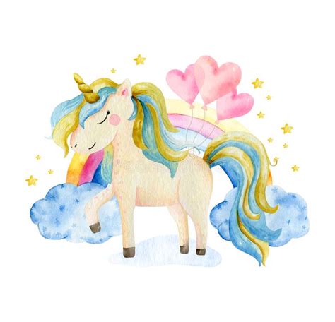 Cute Cartoon Unicorn Watercolor Illustration Stock Illustrations