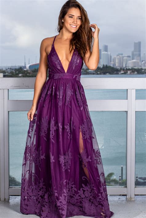 Plum Floral Tulle Maxi Dress With Criss Cross Back Maxi Dresses