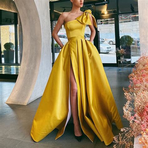 fashion oblique shoulder solid color bow dress in 2021 prom dresses yellow one shoulder prom