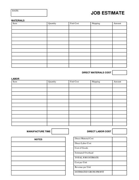 Free Printable Estimate Forms Templates