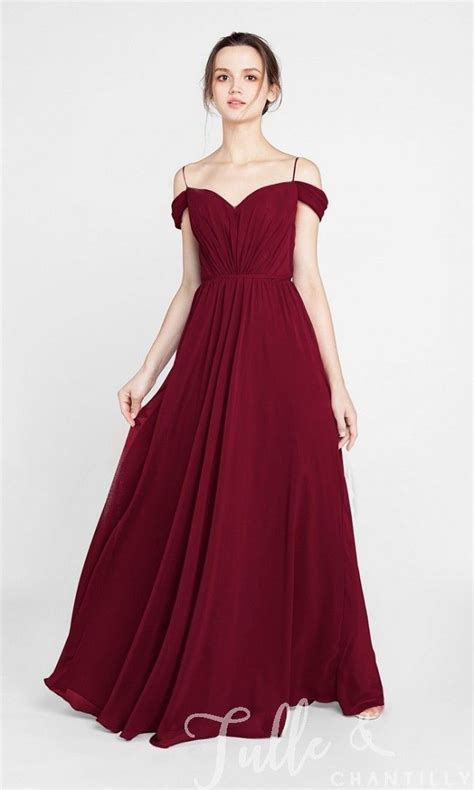 chiffon long maroon off the shoulder bridesmaid dress with spaghett straps tbqp389 maroon