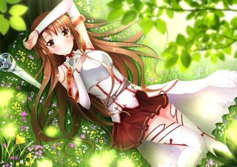Sword Art Online Anime Anime Girls Lying Down Grass Field Yuuki Asuna Wallpapers HD