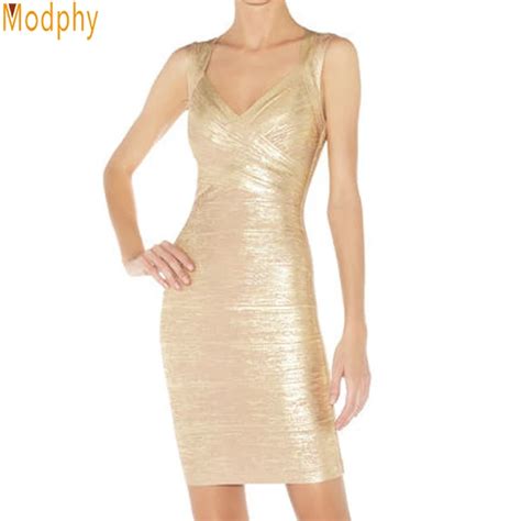 Celebrity Spaghetti Strap Bandage Dresses Gold Sexy Prom Party Wear