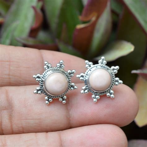 Natural Pink Opal Earrings Round Opal Earring 925 Sterling Etsy