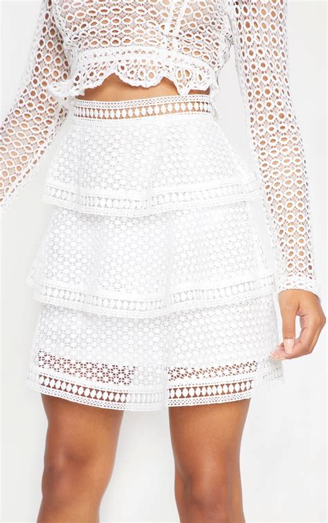 white crochet tiered frill mini skirt prettylittlething