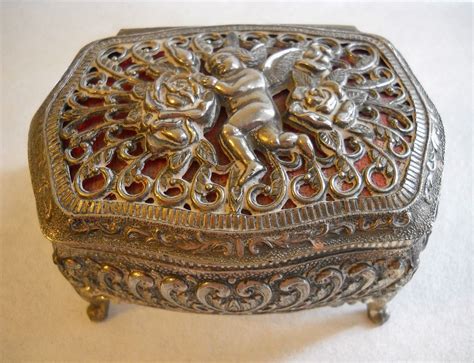 Cherub Trinket Jewelry Box Metal Victorian Rococo Style Filigree Footed Lined Rococo Style