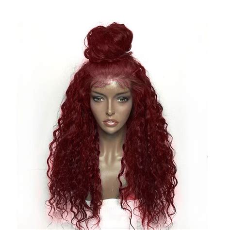 2018 Fluffy Curly Long Lace Frontal Synthetic Wig In Wine Red