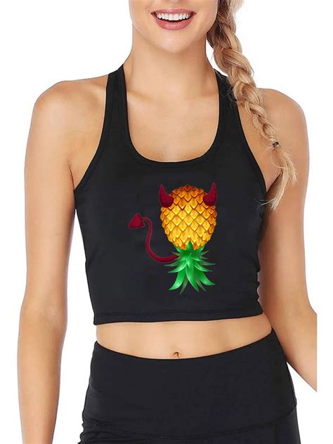 Swinger Upside Down Bad Pineapple Devil Horn Tank Tops Womens Sexy Bdsm Slim Fit Crop Top Gym