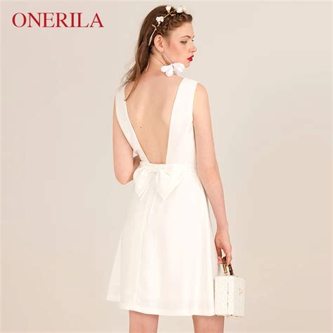 Onerila Korean Style Fashion Sexy Women Backless Bow Sleeveless V Neck White Dresses Summer