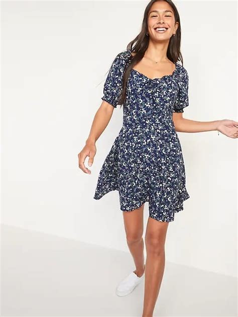 Old Navy Fit And Flare Puff Sleeve Smocked Floral Print Mini Dress