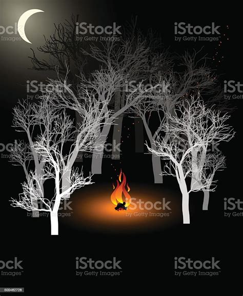 Winter Forest The Moon And The Bonfires Stock Illustration Download