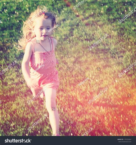 Little Girl Running Grass Instagram Effect Stock Photo 179725064