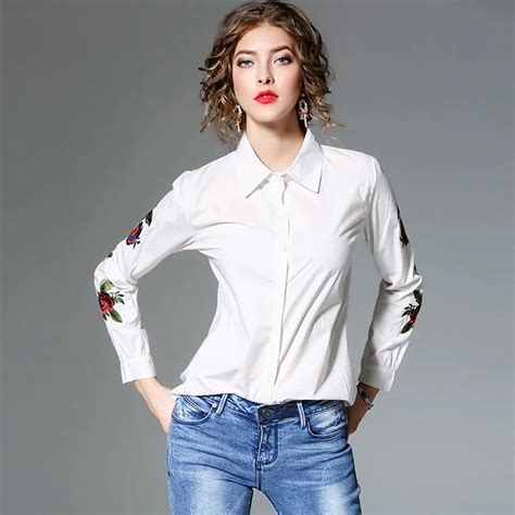 Women Casual Solid Long Sleeves Blouse White Turn Down Collar Shirts Long Embroidered Sleeve
