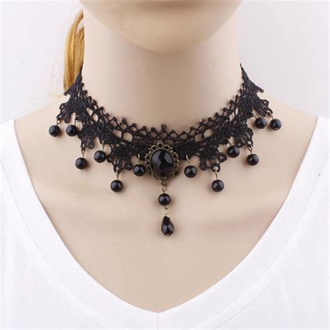 Fashion Crystal Choker Necklace Black Lace Choker Collar Vintage Women