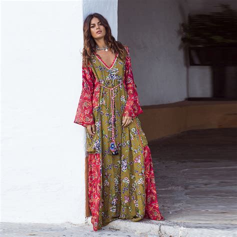 Bohofree Long Gown Floral Print Maxi Bohemian Dress V Neck Long Sleeve