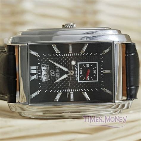 Goer Brand Black Leather Mens Automatic Mechanical Date Square Wrist