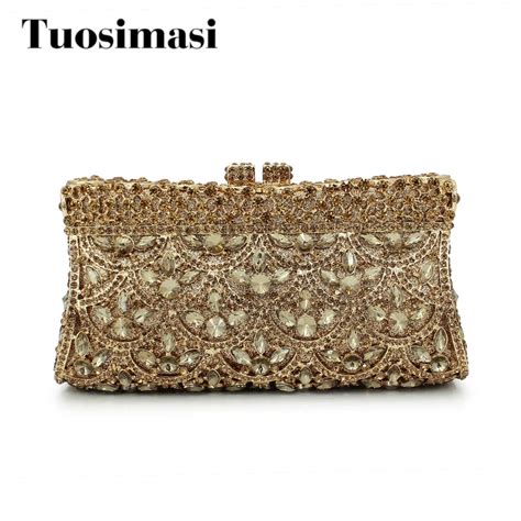 T Box Gold Colors Crystal Metal Clutches Hard Case Bridal Evening