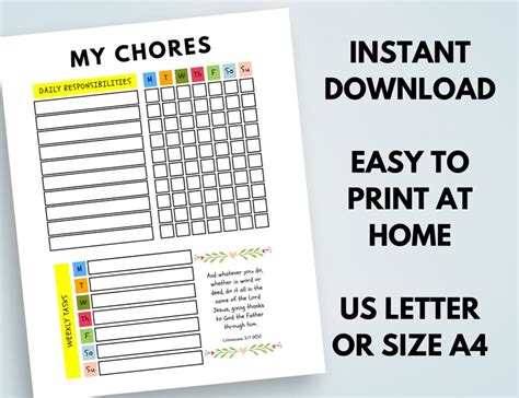 Printable Chore Chart For Kids With Christian Biblical Etsy