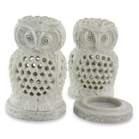Hand Carved Soapstone Owl Candle Holders Pair Lucky Owls Novica