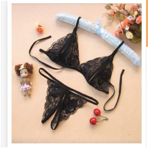 Black Lace Sexy Open Crotch Knickers And Peephole Bra Set Lingerie EBay