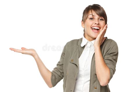 Excited Female Holding Blank Copy Space On Palm Stock Image Image Of