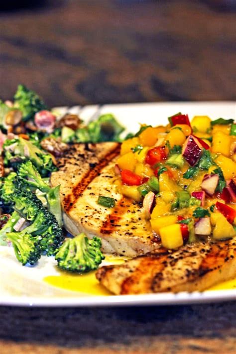 They are gluten free and on plan for 21 day fix and the sweet + refreshing mango salsa is magic topped over the taco seasoned cod creating the perfect taco! Mango Salsa on Grilled Swordfish - Kevin Is Cooking