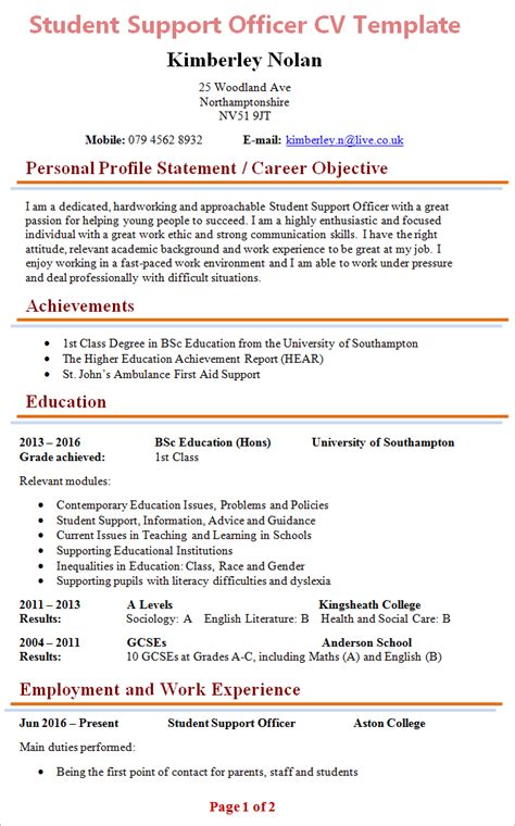 You can also apply any of the sample criminal justice objective statements provided above that you find suitable as a template in making an objective for your resume whenever you need to make one. student-support-officer-cv-template-1
