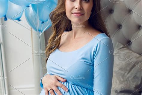 Pregnant Young Girl In Blue Dress High Quality People Images