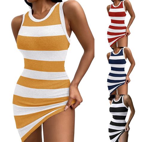 women s summer dress casual slim slimming round neck sleeveless simple striped print vest dress