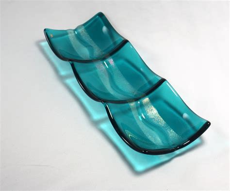 Hand Made 3 Section Fused Glass Dish Caribbean Wave By J M Fusions Llc