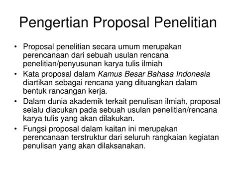Proposal penelitian merupakan merupakan proposal yang digunakan ketika seseorang akan melakukan sebuah penelitian. PPT - Membuat Proposal Penelitian/Rencana Karya Tulis Ilmiah PowerPoint Presentation - ID:4756343