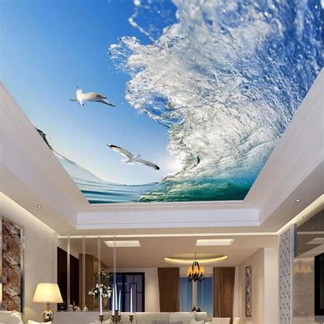 Custom Mural 3d Ceiling Wallpapers Sea Waves Seagulls Fresh Natural