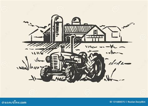 Tractor With A Rural Scene Sketch Vector Illustration Rustic Farm