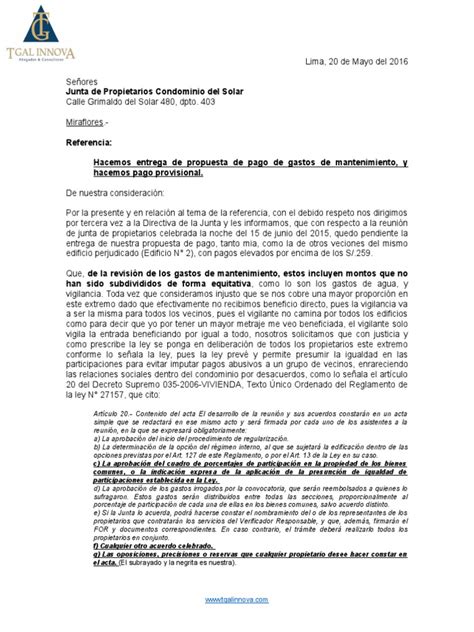 Carta Junta De Propietarios Condominio Instituciones Sociales