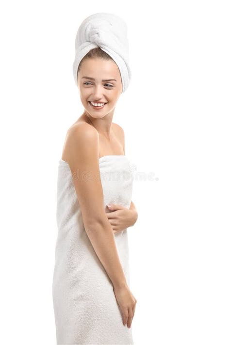 Beautiful Young Woman Wrapped In Towel On White Background Stock Image