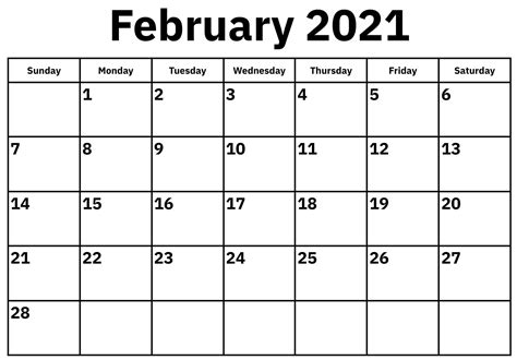 April 2021 monthly printable calendar; Bold & Simple February 2021 Calendar Word Template - One ...