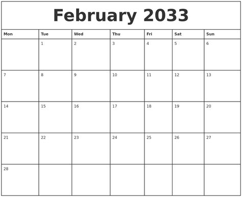 February 2033 Printable Monthly Calendar