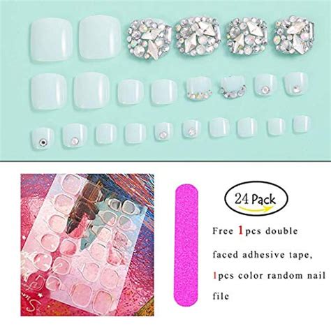 fstrend 24pcs rhinestones fake toenails glitter silver full cover acrylic fake nails for toes