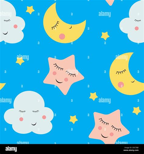 Cute Clouds Star And Moons Seamless Pattern Background Illustration
