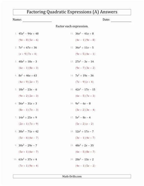 Algebra 2 Worksheet Factoring Quadratic Expressions Kidsworksheetfun