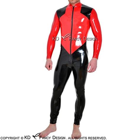 Red With Black Cross Shoulder Sexy Latex Catsuit With Front Crotch