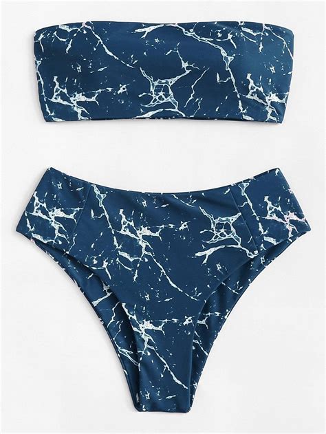 Blue Marble Swimsuit Bandeau Top With High Waist Bikini Bottom Marble