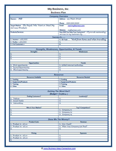 Sample Small Business Plan One Page Plan