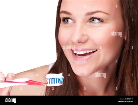 Closeup Portrait Of Pretty Girl Clean Teeth Isolated On White