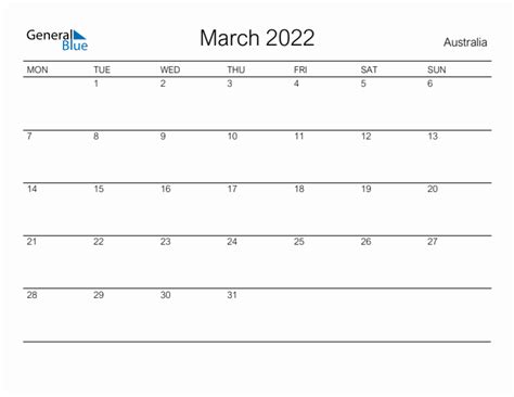Printable March 2022 Monthly Calendar With Holidays For Australia