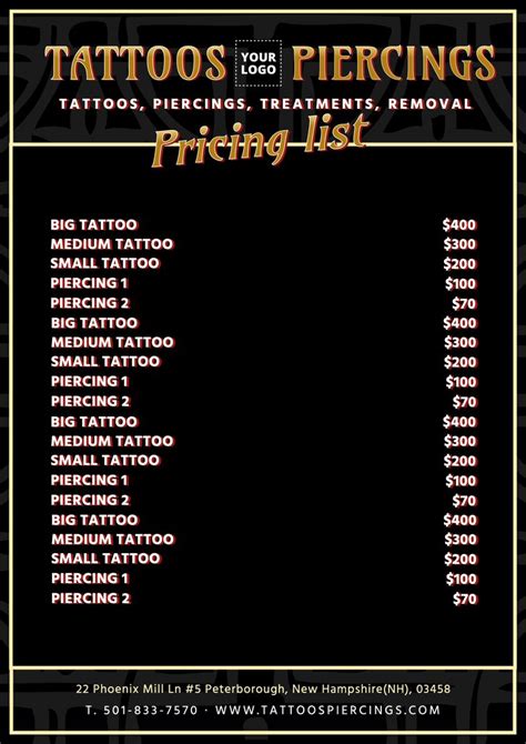Editable Pricing Lists For Tattoos And Piercings Tattoo Prices New